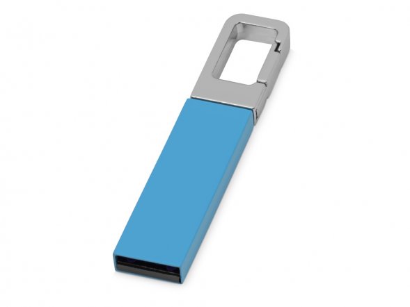 Флеш-карта USB 2.0 16 Gb с карабином Hook, голубой/серебристый 