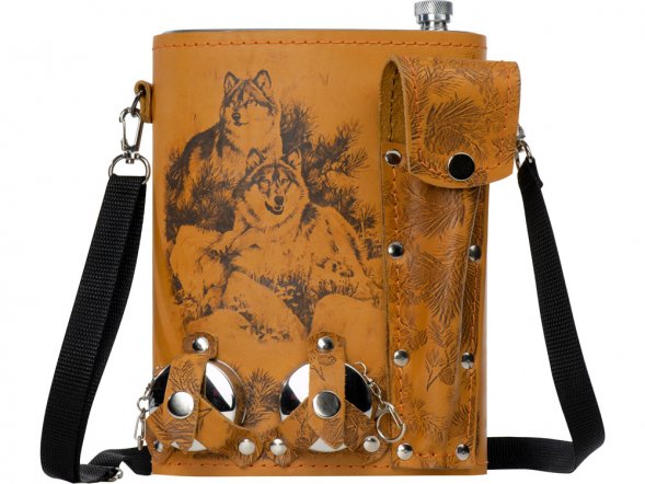 Набор Подарочный: фляга 511/2 (рыжая кожа), 2л+2 стаканчика+2 вилки 