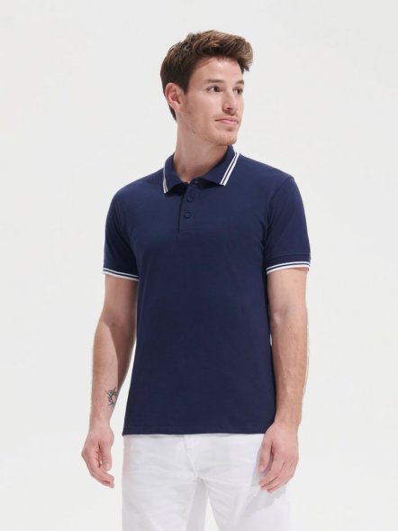 Рубашка поло мужская Pasadena Men 200 с контрастной отделкой, черная с зеленым 