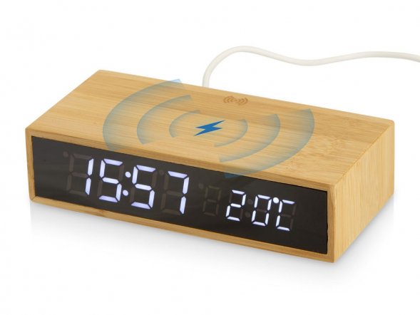 Часы настольные с беспроводной зарядкой Index, 10 Вт, бамбук 