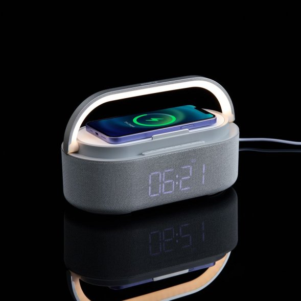 Колонка с часами и беспроводной зарядкой Veske ver.2, серая 