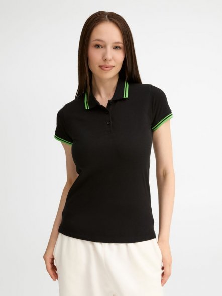 Рубашка поло женская Pasadena Women 200 с контрастной отделкой, черная с зеленым 