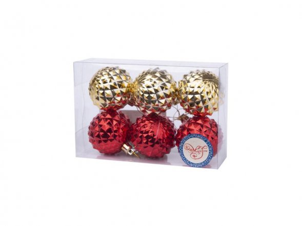 Новогоднее подвесное украшение Ассорти золотое, красное из полистирола, набор из 6 шт / 6х6х6см 