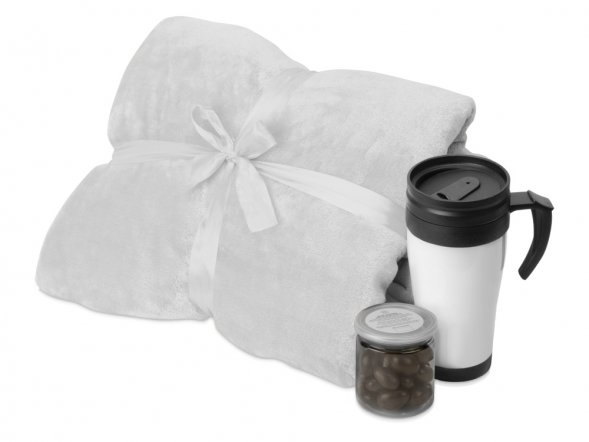 Подарочный набор с пледом, термокружкой и миндалем в шоколадной глазури Tasty hygge, белый 