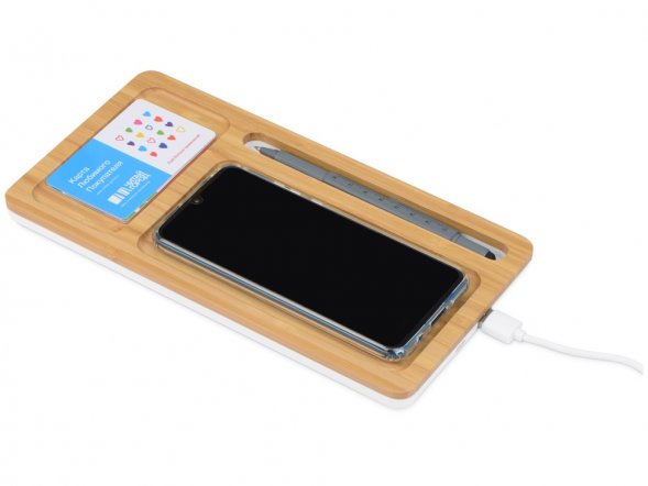 Беспроводное зарядное устройство-органайзер из бамбука Timber, натуральный/белый 