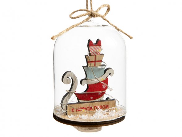 Новогоднее украшение Сани в колбе из древесины тополя и стекла, со светодиодной подсветкой, в комплекте с 2-мя батарейками CR2032, мощностью 0,06 Вт, напряжением 3В / 11x7см 