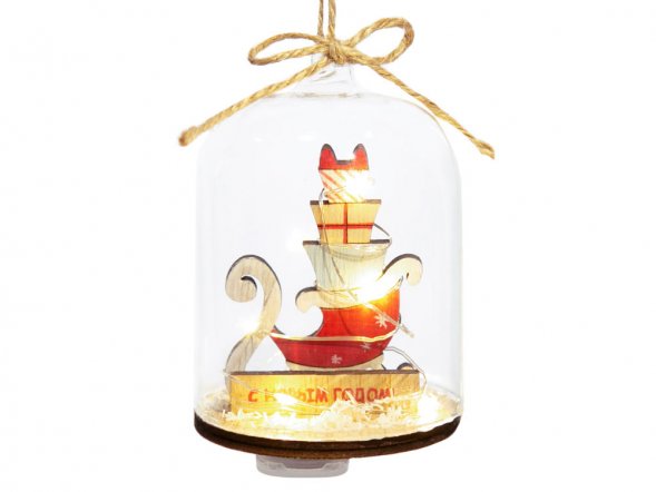 Новогоднее украшение Сани в колбе из древесины тополя и стекла, со светодиодной подсветкой, в комплекте с 2-мя батарейками CR2032, мощностью 0,06 Вт, напряжением 3В / 11x7см 