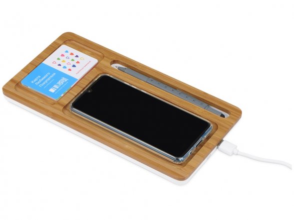 Беспроводное зарядное устройство-органайзер из бамбука Timber, темно-натуральный/белый 