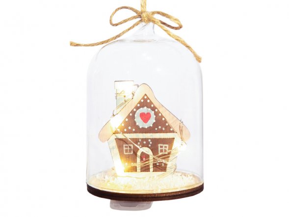 Новогоднее украшение Домик в колбе из древесины тополя и стекла, со светодиодной подсветкой, в комплекте с 2-мя батарейками CR2032, мощностью 0,06 Вт, напряжением 3В / 11x7см 