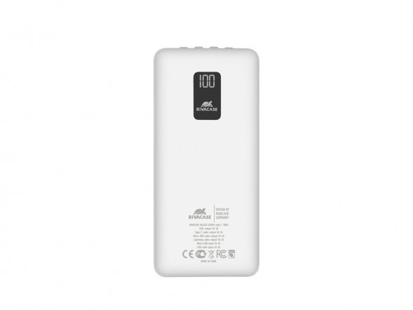 RIVACASE VA2220 (20000 мАч) внешний аккумулятор с дисплеем и встроенными кабелями, белый, 12/24 