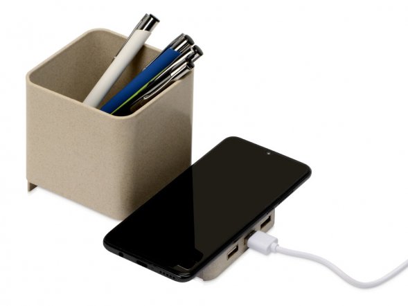 Настольный органайзер Cubic из пшеничного волокна с функцией беспроводной зарядки и выходами USB 