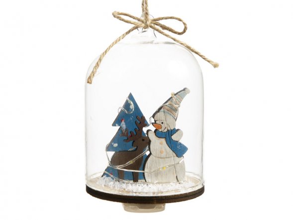 Новогоднее украшение Снеговик в колбе из древесины тополя и стекла, со светодиодной подсветкой, в комплекте с 2-мя батарейками CR2032, мощностью 0,06 Вт, напряжением 3В / 11x7см 