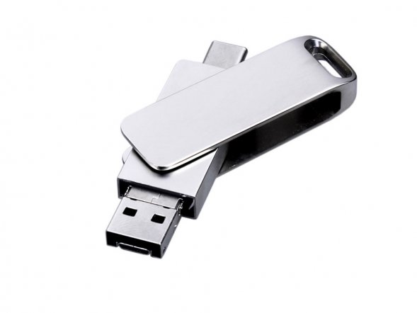 USB 2.0-флешка на 16 Гб поворотный механизм, c дополнительным разъемом Micro USB с одноцветным металлическим клипом 