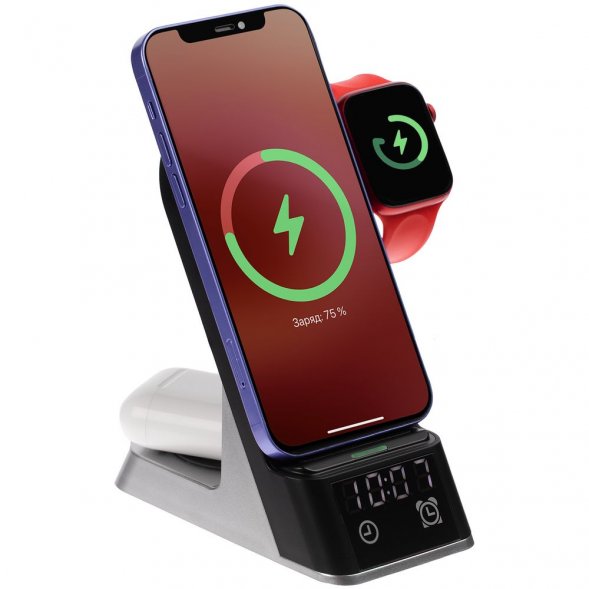 Зарядная станция c часами E-Store для смартфона, часов и наушников, черная 