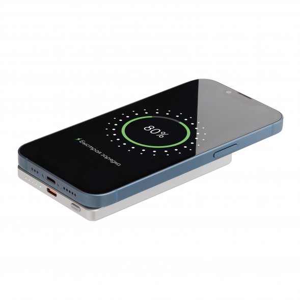 Внешний аккумулятор Atlantis PD 5000mAh с функцией беспроводной зарядки 15W, серебряный 