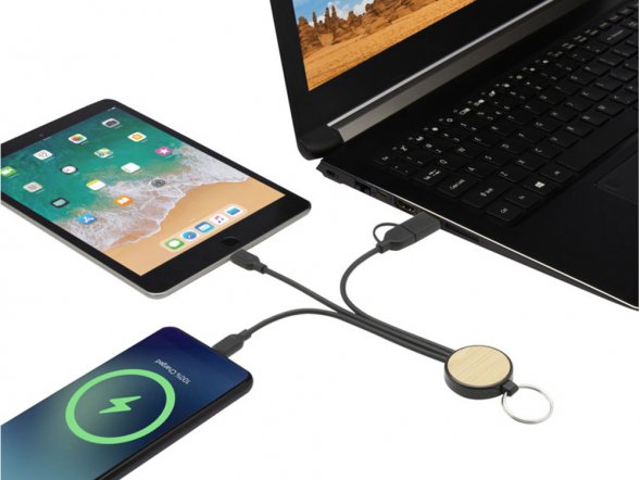 Кабель для зарядки Tecta 6 в 1 из переработанного пластика/бамбука с брелком, сплошной черный 