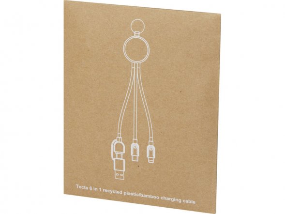 Кабель для зарядки Tecta 6 в 1 из переработанного пластика/бамбука с брелком, сплошной черный 