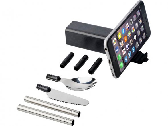 Набор столовых приборов Galen из пшеничной соломы с держателем для мобильного телефона, черный 