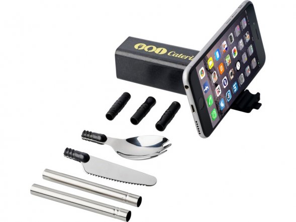 Набор столовых приборов Galen из пшеничной соломы с держателем для мобильного телефона, черный 