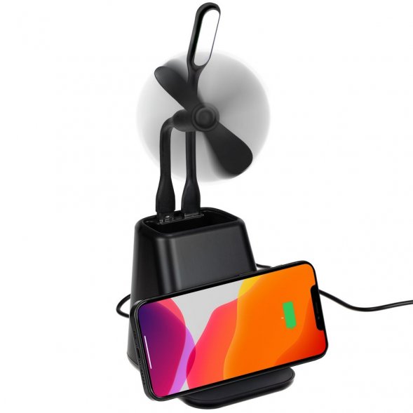 Настольный органайзер с зарядкой, лампой, вентилятором и подсветкой лого powerTower, черный 