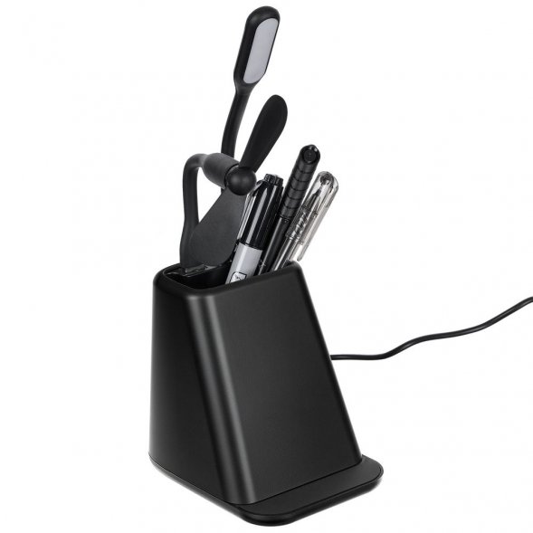 Настольный органайзер с зарядкой, лампой, вентилятором и подсветкой лого powerTower, черный 