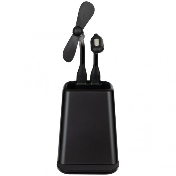 Настольный органайзер с зарядкой, лампой, вентилятором и подсветкой лого powerTower, черный 