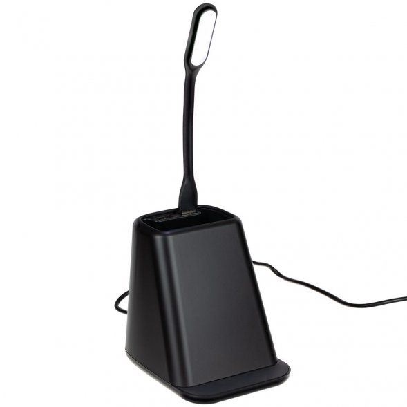 Настольный органайзер с зарядкой, лампой, вентилятором и подсветкой лого powerTower, черный 