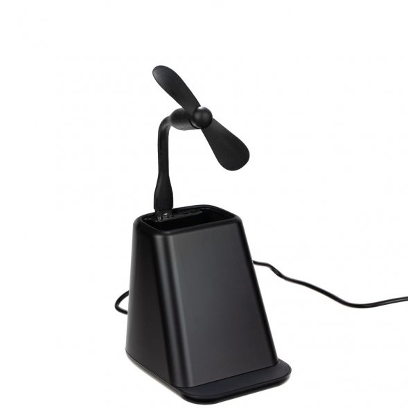 Настольный органайзер с зарядкой, лампой, вентилятором и подсветкой лого powerTower, черный 