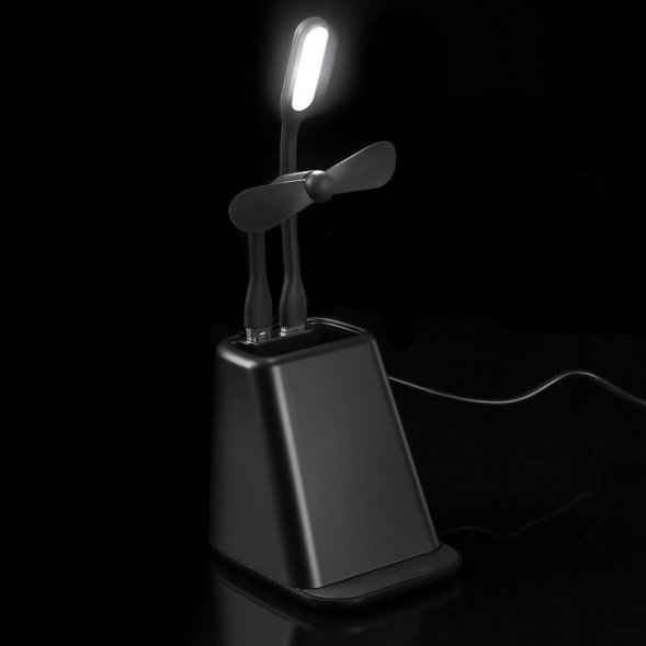 Настольный органайзер с зарядкой, лампой, вентилятором и подсветкой лого powerTower, черный 