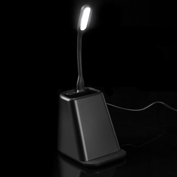 Настольный органайзер с зарядкой, лампой, вентилятором и подсветкой лого powerTower, черный 