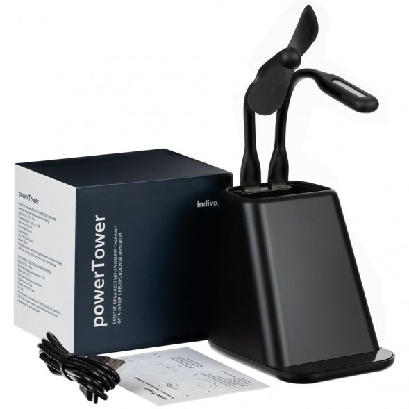 Настольный органайзер с зарядкой, лампой, вентилятором и подсветкой лого powerTower, черный 
