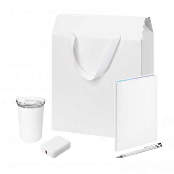 Подарочный набор Welcome Pack, белый (термокружка, ежедневник, ручка, ЗУ, коробка-пакет) 