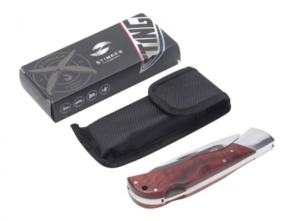 Нож складной Stinger, 104 мм, (серебристый), материал рукояти: сталь/дерево (серебристо-коричневый) 
