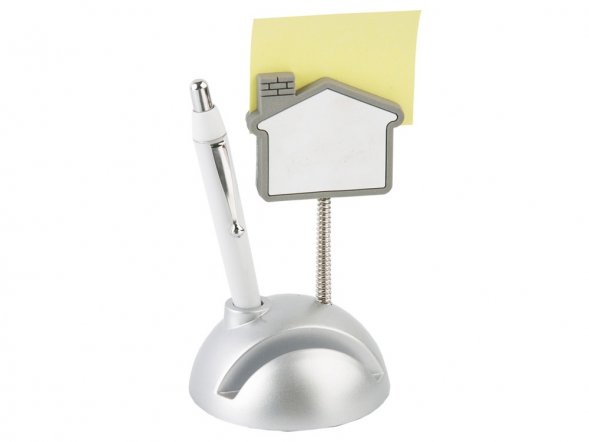 Подставка для визиток и ручки с держателем для бумаги Домик, серебристый/белый (Р) 
