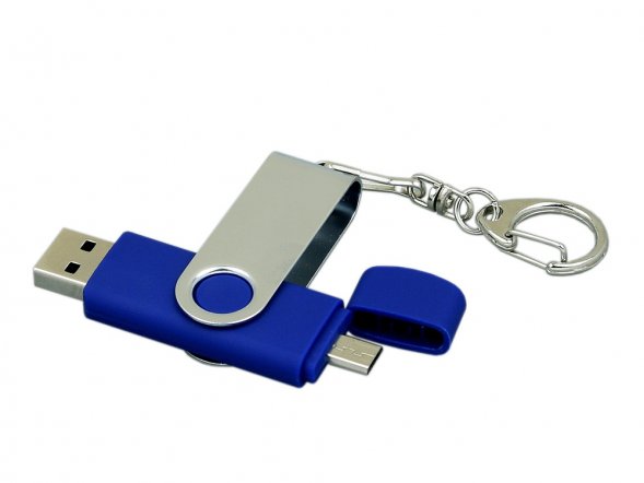 Флешка с  поворотным механизмом, c дополнительным разъемом Micro USB, 16 Гб, синий 