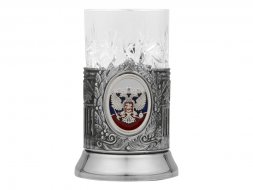 Подстаканник с хрустальным стаканом и ложкой РОССИЙСКИЙ-М, серебристый/прозрачный