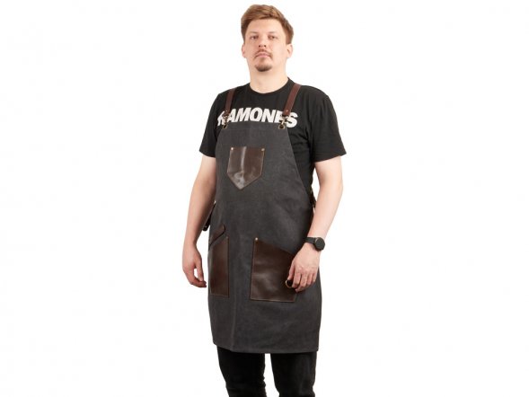 Фартук из канваса с ремнями из натуральной кожи, материал: канвас смесовый, плотность 450 гр/м, натуральная кожа КРС, цвет черный, коричневый темный 