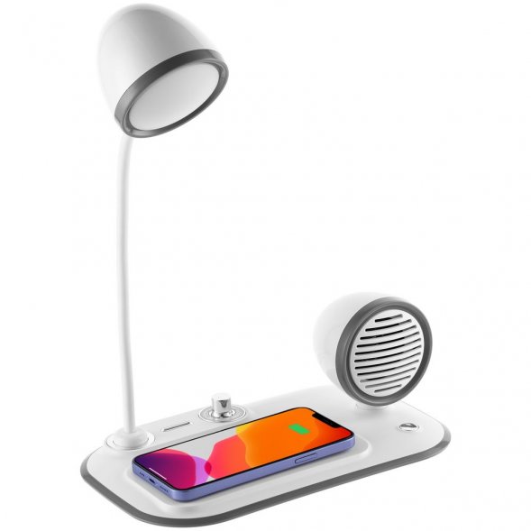 Лампа с колонкой и беспроводной зарядкой Flashback, белая 