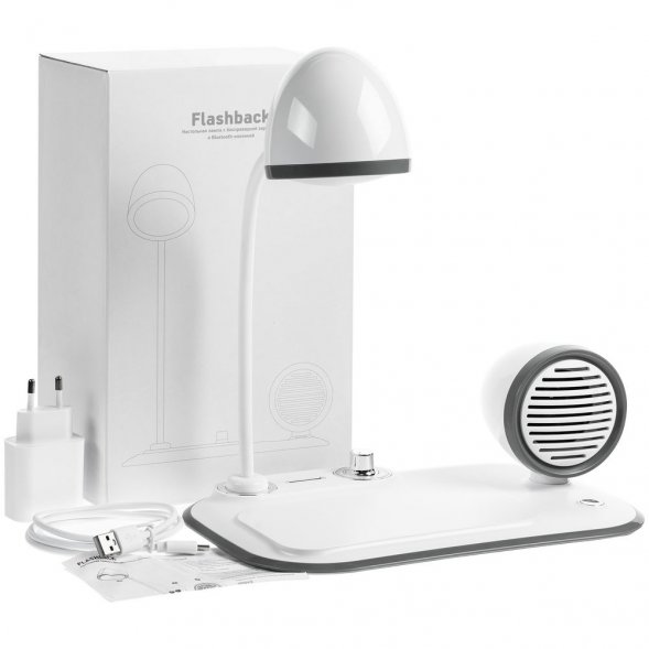 Лампа с колонкой и беспроводной зарядкой Flashback, белая 