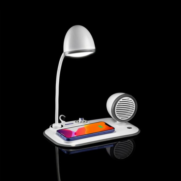 Лампа с колонкой и беспроводной зарядкой Flashback, белая 