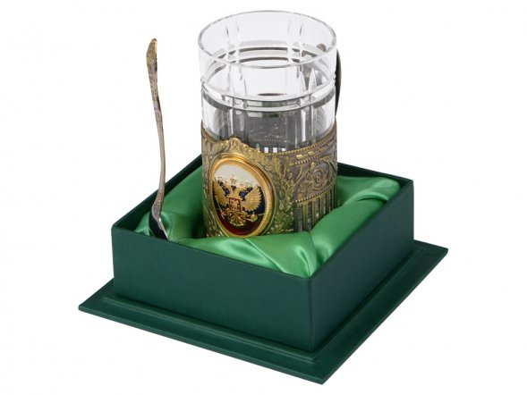 Подстаканник с хрустальным стаканом и ложкой РОССИЙСКИЙ-Л, золотистый/прозрачный 