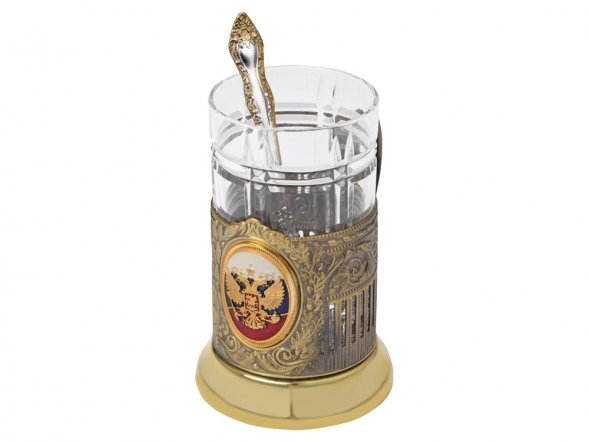 Подстаканник с хрустальным стаканом и ложкой РОССИЙСКИЙ-Л, золотистый/прозрачный 