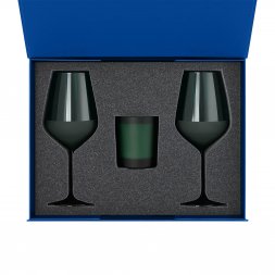 Подарочный набор свеча Enigma + 2 бокала для вина Emerald в синей коробке