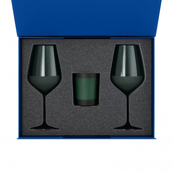 Подарочный набор свеча Enigma + 2 бокала для вина Emerald в синей коробке 