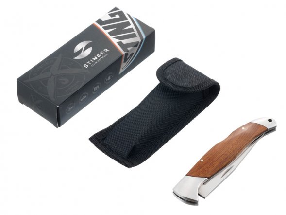 Нож складной Stinger, 100 мм (серебристый), материал рукояти: нержавеющая сталь, розовое дерево 