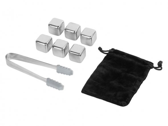 Набор для виски со стальными охлаждающими камнями, щипцами, мешочком в коробке, кашированной картоном. 