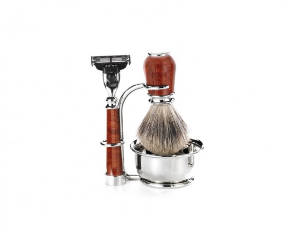 Бритвенный набор Mondial: станок, помазок, чаша, подставка; корень шиповника 