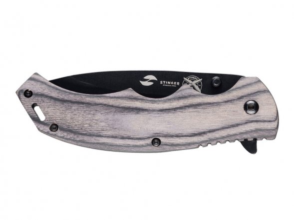 Нож складной Stinger, 120 мм, (чёрный), материал рукояти: дерево/сталь (серый), в картонной коробке 