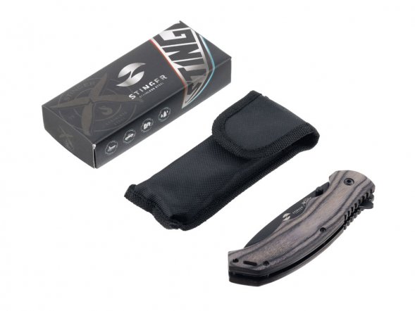 Нож складной Stinger, 120 мм, (чёрный), материал рукояти: дерево/сталь (серый), в картонной коробке 