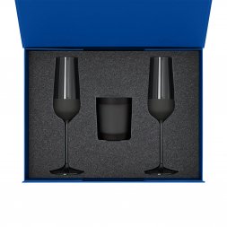 Подарочный набор свеча Enigma + 2 бокала для шампанского Black Edition в синей коробке